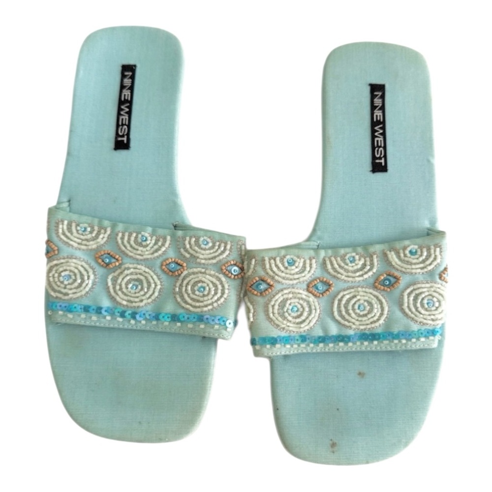 Nine West Beaded Slide Sandals Aqua Sequin Embellished Vintage Y2K Resort Flats